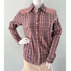 Vintage Y2k Route 66 Western Plaid Button Up Shirt with Lace shoulders size M